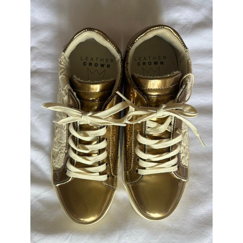 Leather Crown Italy Gold Lace Low Top Sneakers Womens EU 35 US 5 Metallic